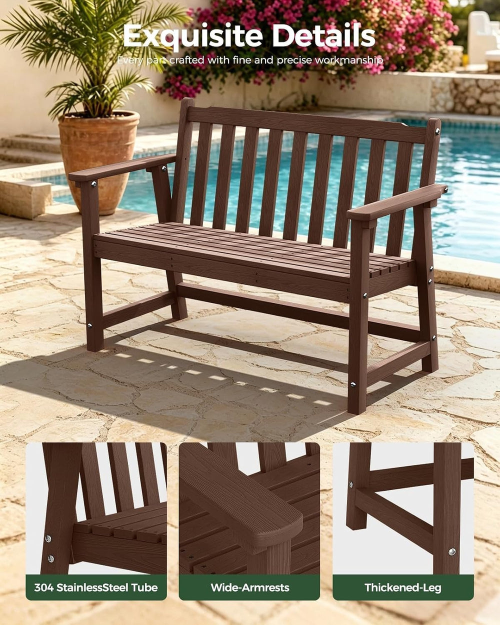 48" HDPE Weatherproof Outdoor Bench, Garden Porch Benches, Brown