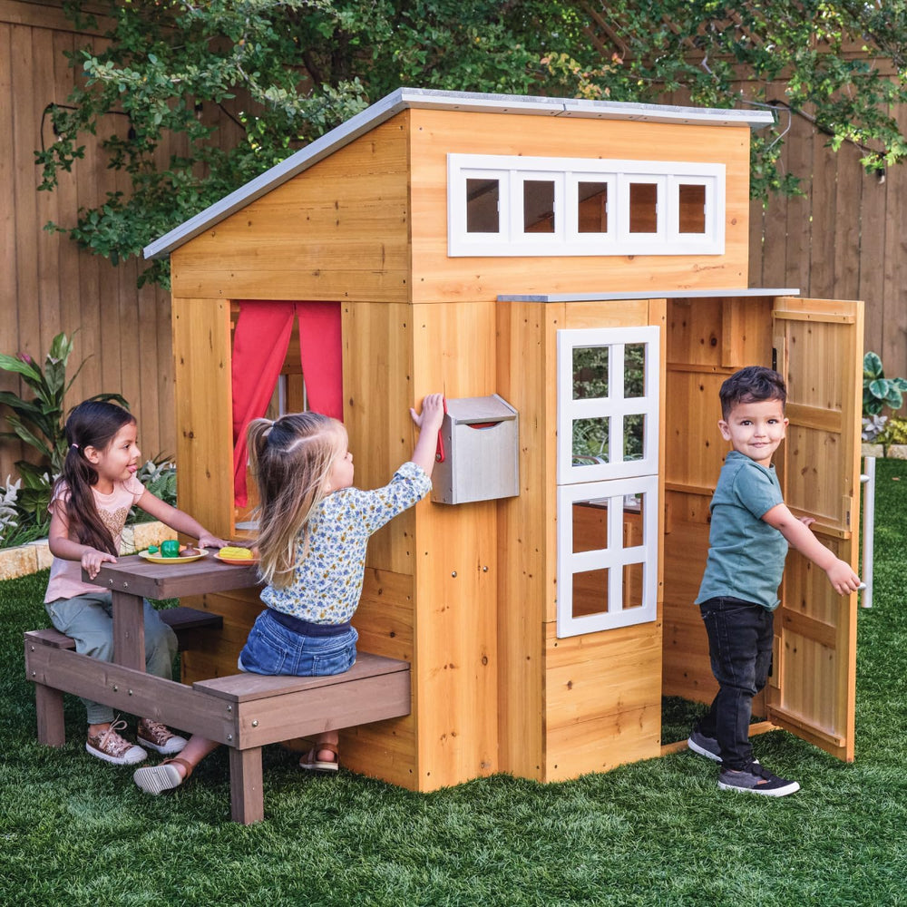 KidKraft Modern Outdoor Wooden Playhouse with Picnic Table, Mailbox and Outdo...
