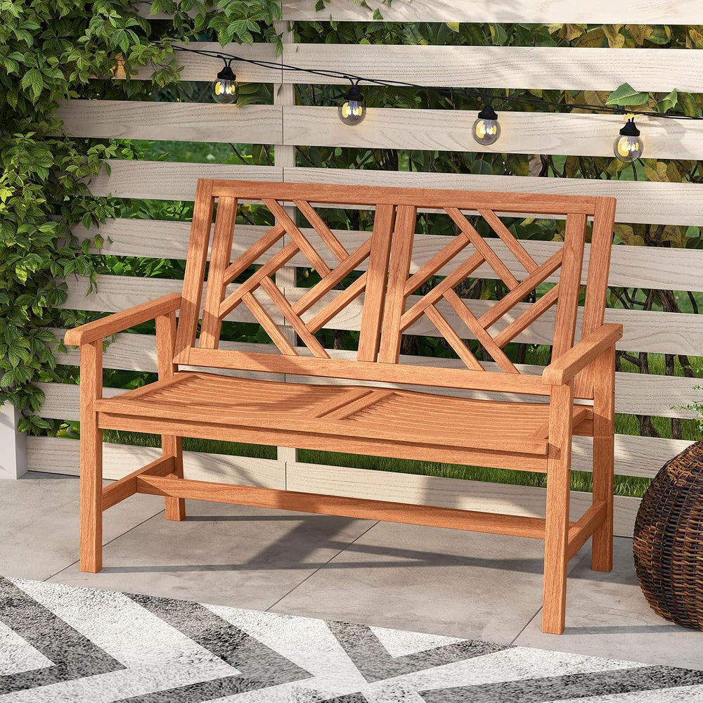 Tangkula Outdoor Wood Bench, 2-Person Patio Loveseat Chair with Geometric Bac...