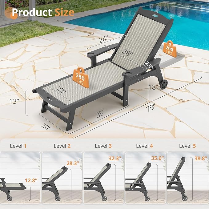 LUE BONA Chaise Lounge Chair Outdoor, HDPS and HDPE Wicker Material, Patio Lo...