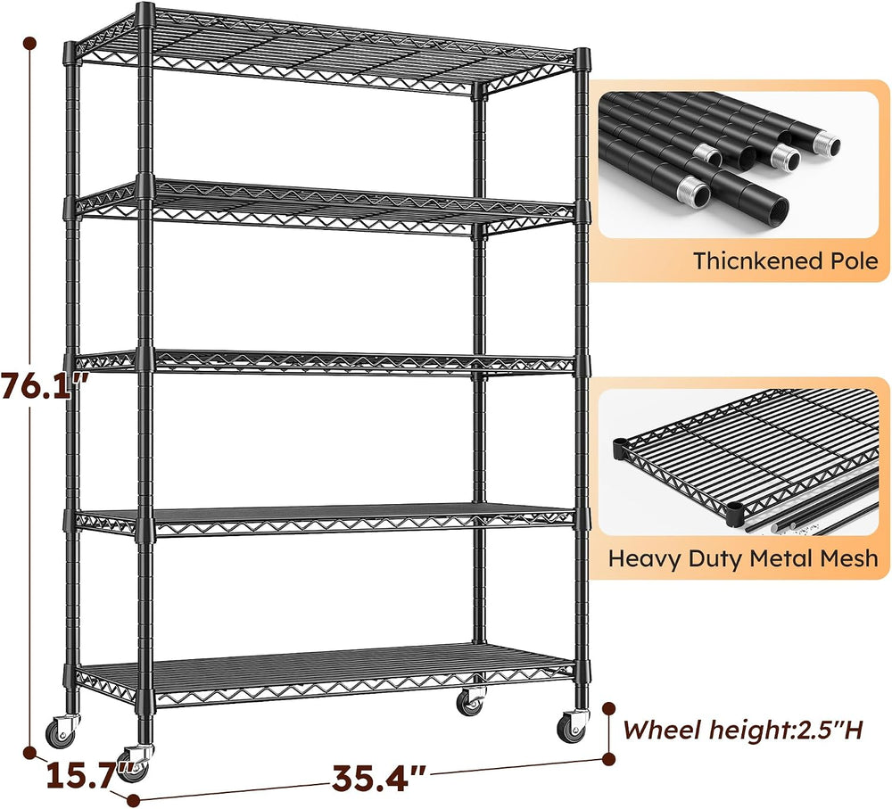 REIBII 5 Tier Storage Shelves, 1653LBS Heavy Duty&Silent Wheels for Garage