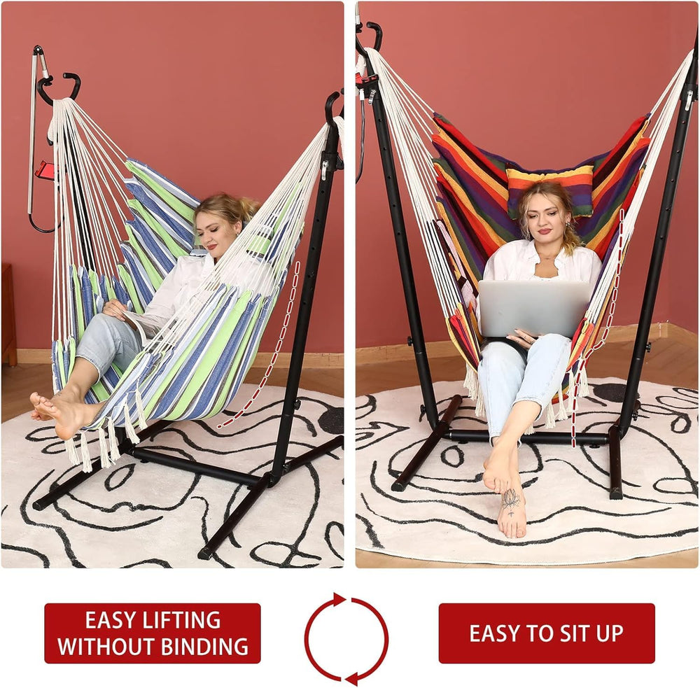 ZEYU Double Hammock Chair with Stand - Apple Green Strips