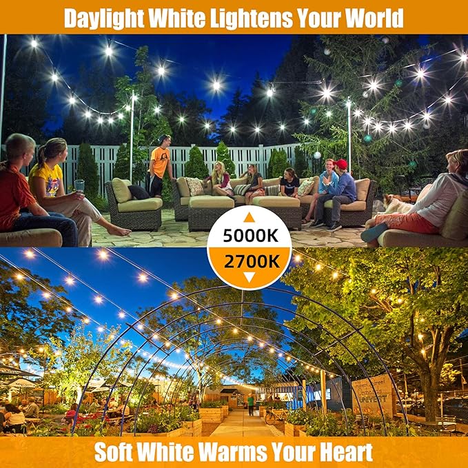 96FT(48×2) Outdoor String Lights, Commercial Grade Heavy Duty White Wire Pati...