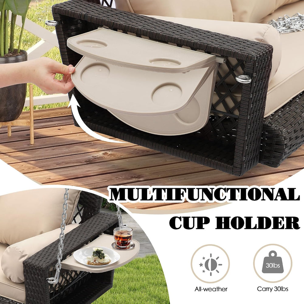 3-Person Hanging Porch Swing, Outdoor Wicker Swing with Cup Holders
