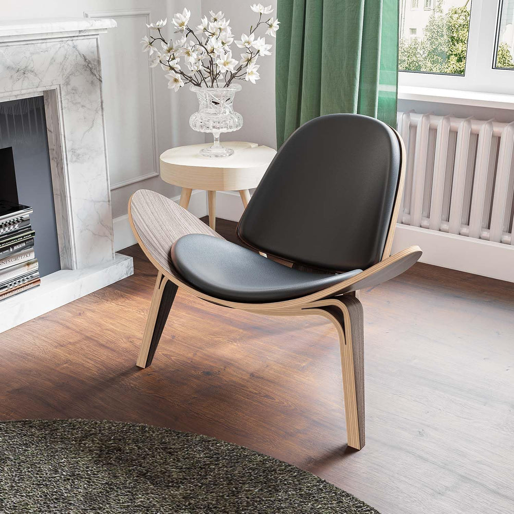 Mid Century Modern Shell Lounge Accent Chairs, Faux Leather