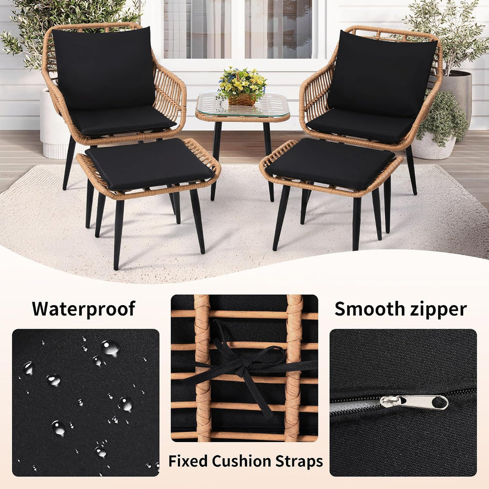 KROFEM 5 Piece Wicker Bistro Patio Conversation Furniture Set, Natural