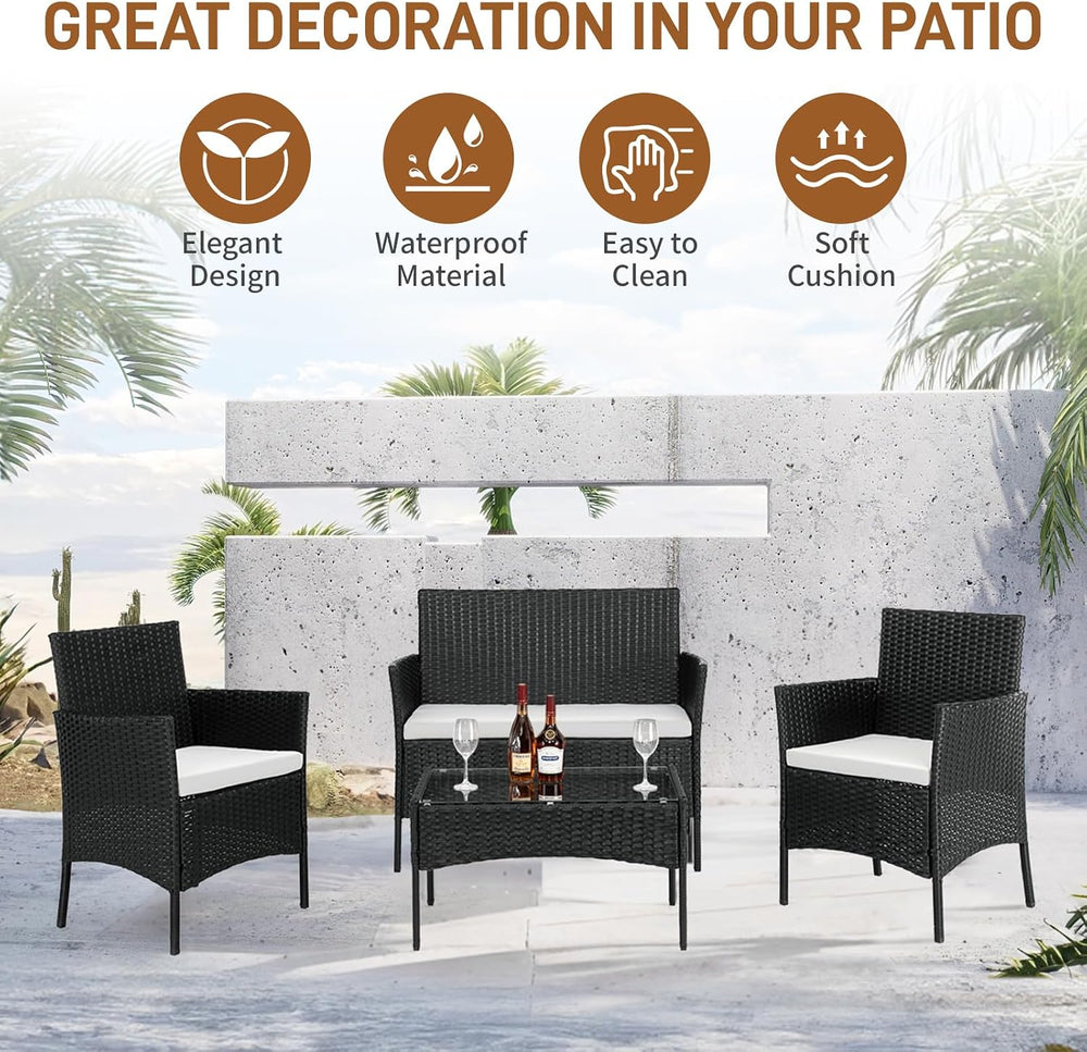 Outvita 4 Pieces Patio Furniture Set, Rattan Conversation Sets, Black
