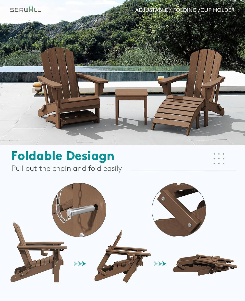SERWALL 5-Piece HDPE Adirondack Chair and Ottoman and Table Set, Brown