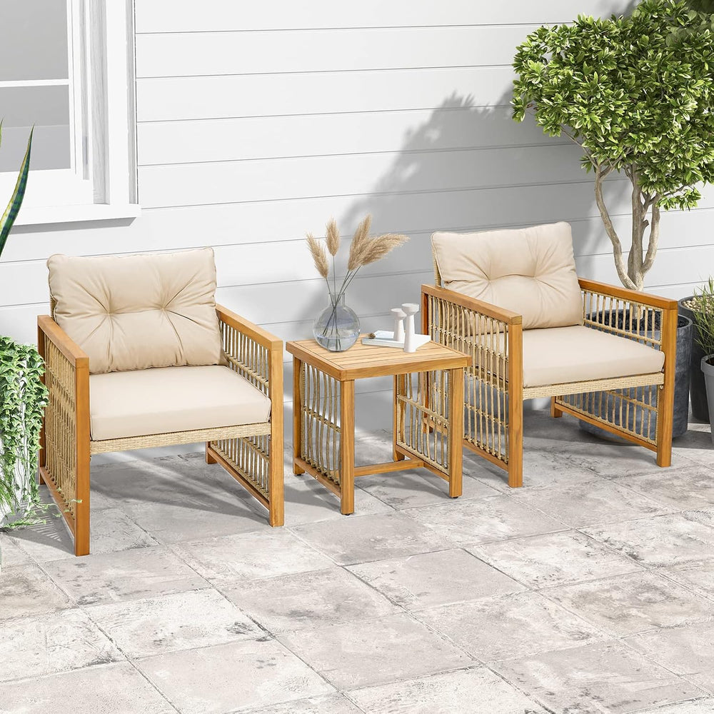 Tangkula 3 Pieces Acacia Wood Patio Furniture Set, PE Wicker Bistro Set with ...