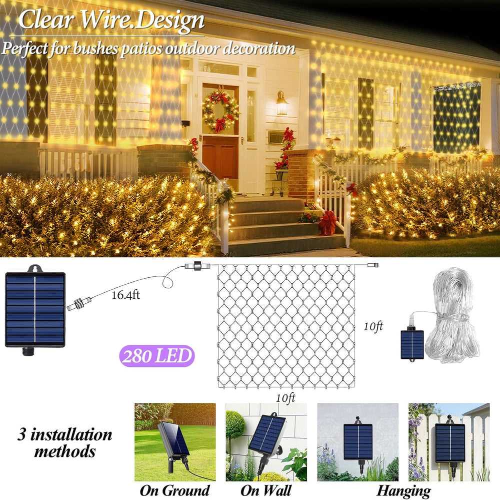 10ft x 10ft Solar Net Lights, 280LED Gazebo Mesh Lights Solar & USB Power...
