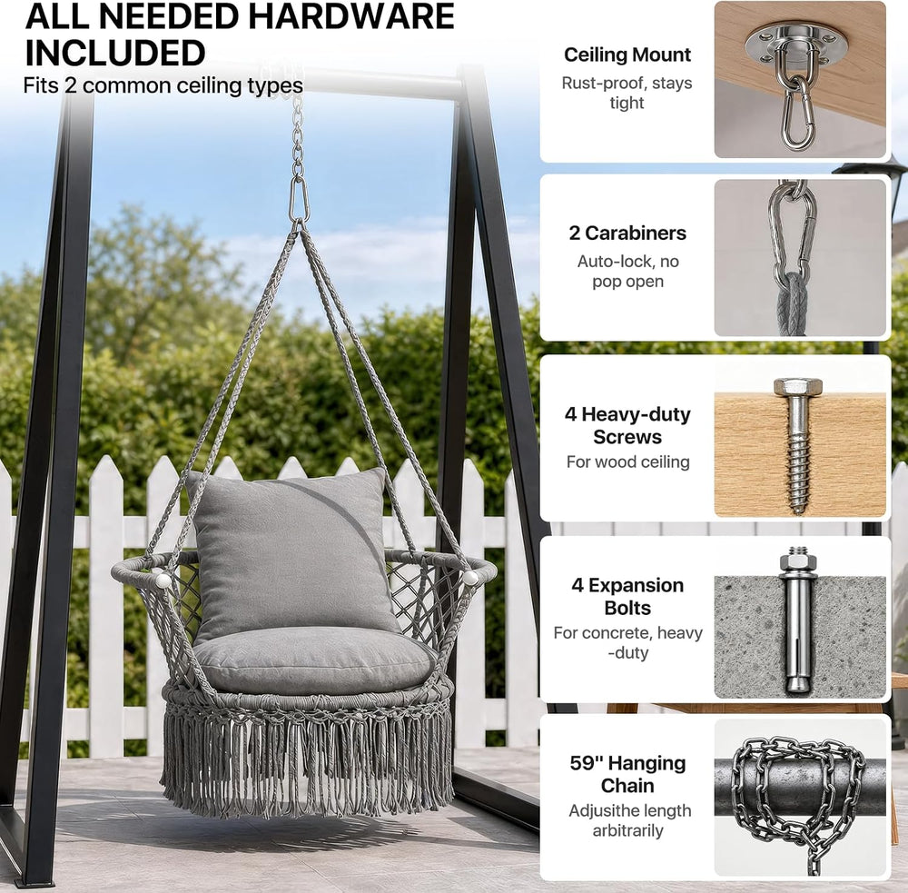 Athena Collection Macrame Hammock Chair with Mounting Hardware Kit, Gray