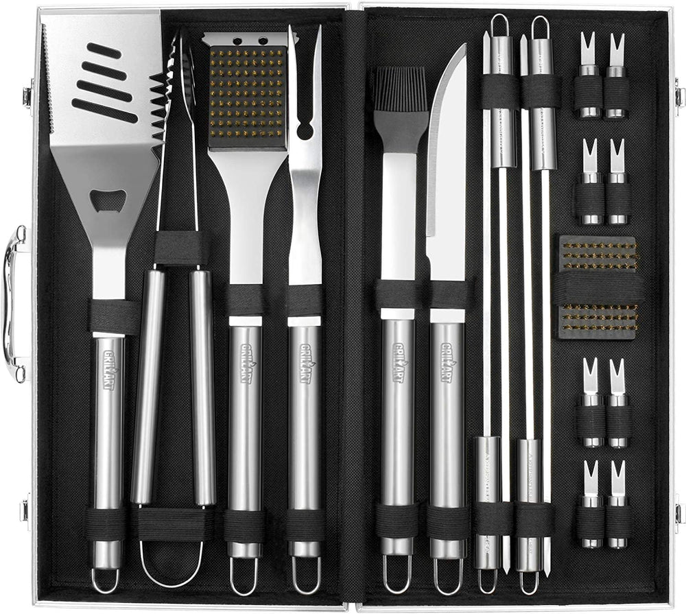 GRILLART BBQ Grill Utensil Tools Set Reinforced BBQ Tongs 19-Piece Stainless-...