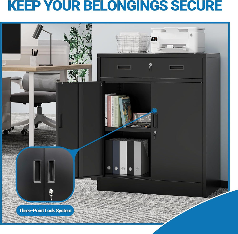 Metal Storage Cabinet, 36" Locking Cabinet with 1 Drawer & Shelves