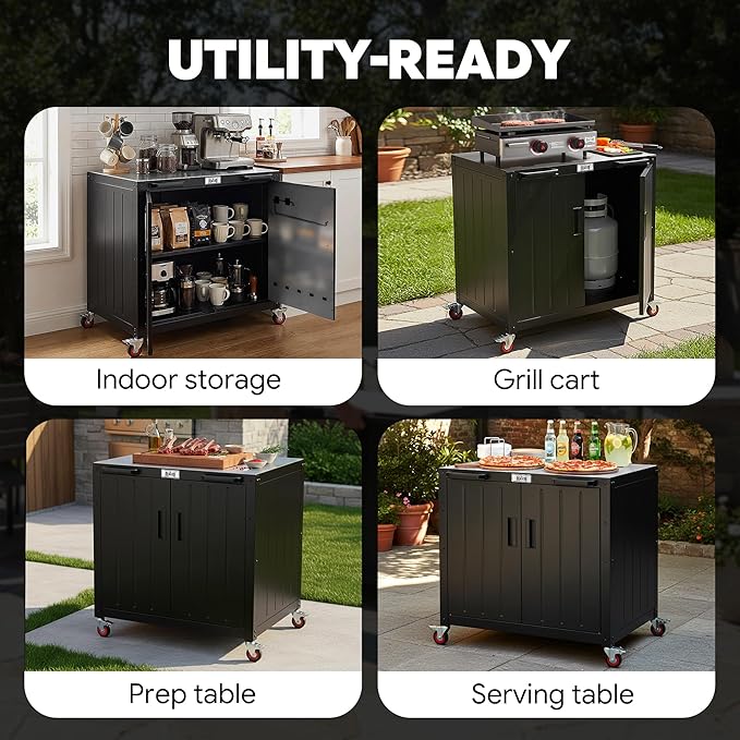 Outdoor Grill Cart with Storage Cabinet and Stainless Steel Top, 35-Inch Outd...