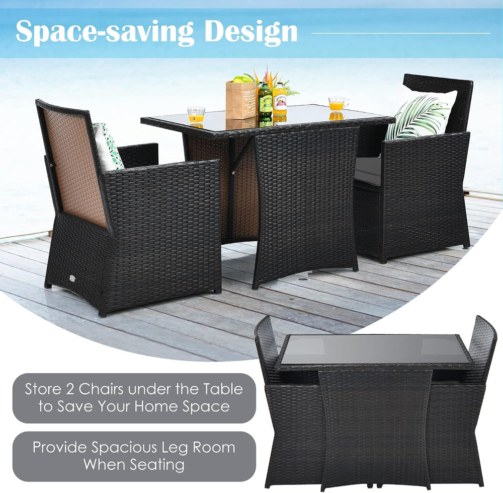 DORTALA Wicker Patio Bistro Set 3 Piece, Outdoor Table and Chairs with Temper...