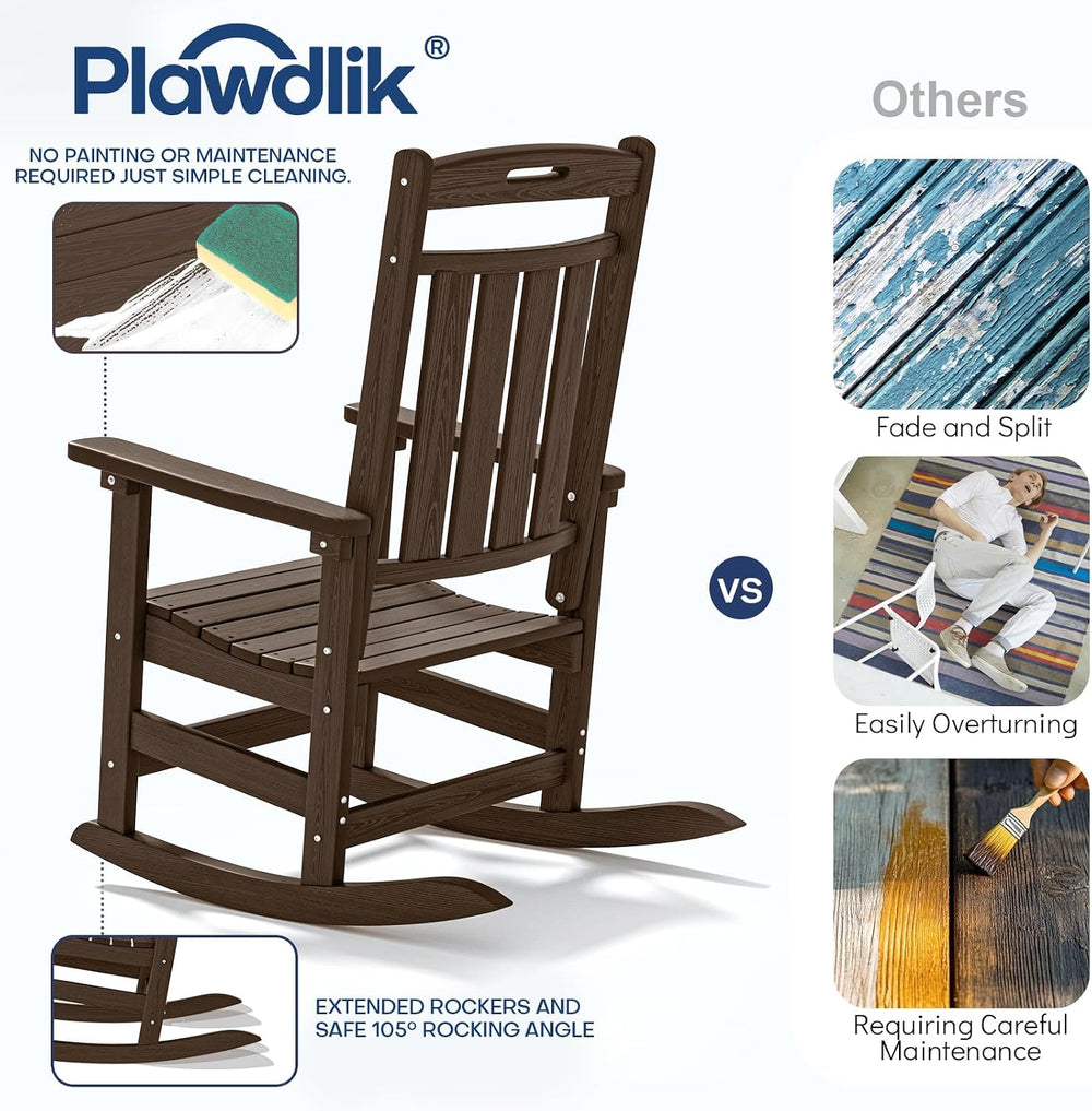 Plawdlik Oversized Outdoor Rocking Chair, All-Weather Patio Rocker, Coffee
