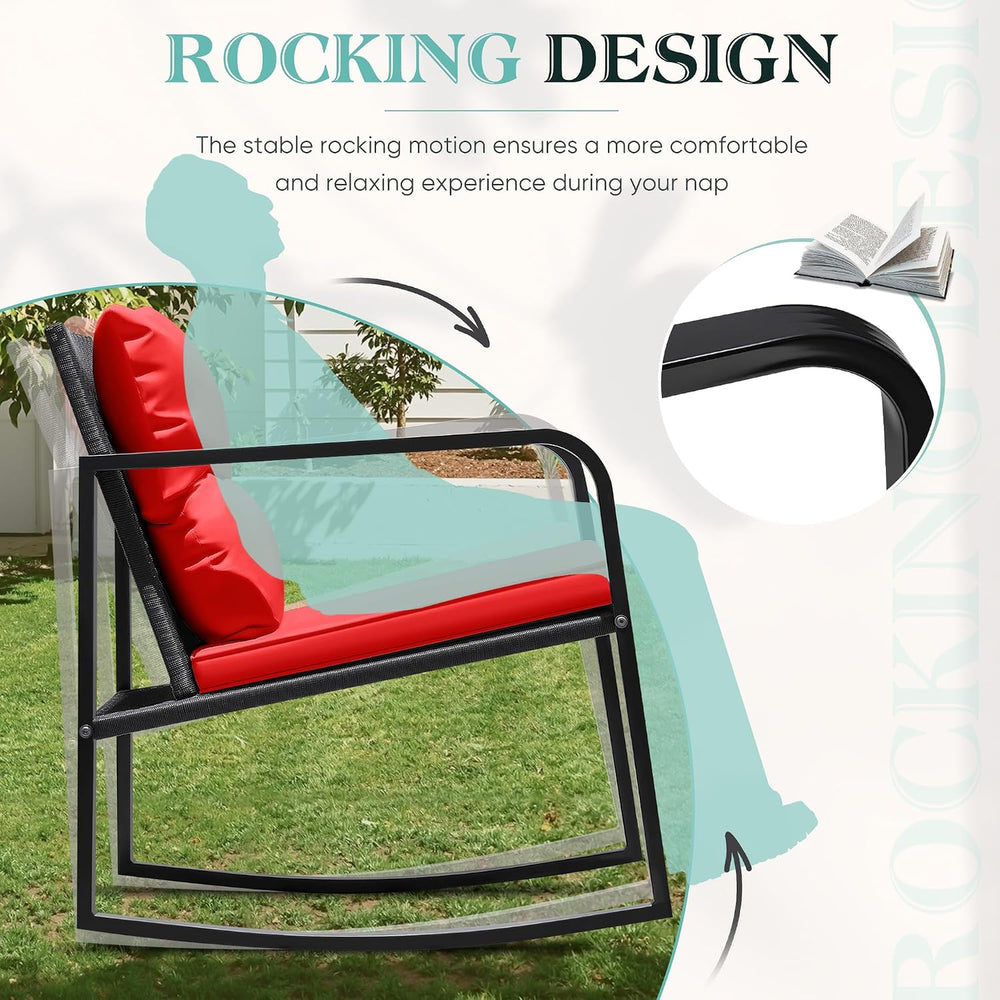Greesum 3 Pieces Rocking Wicker Bistro Set,Patio Conversation Sets,Red