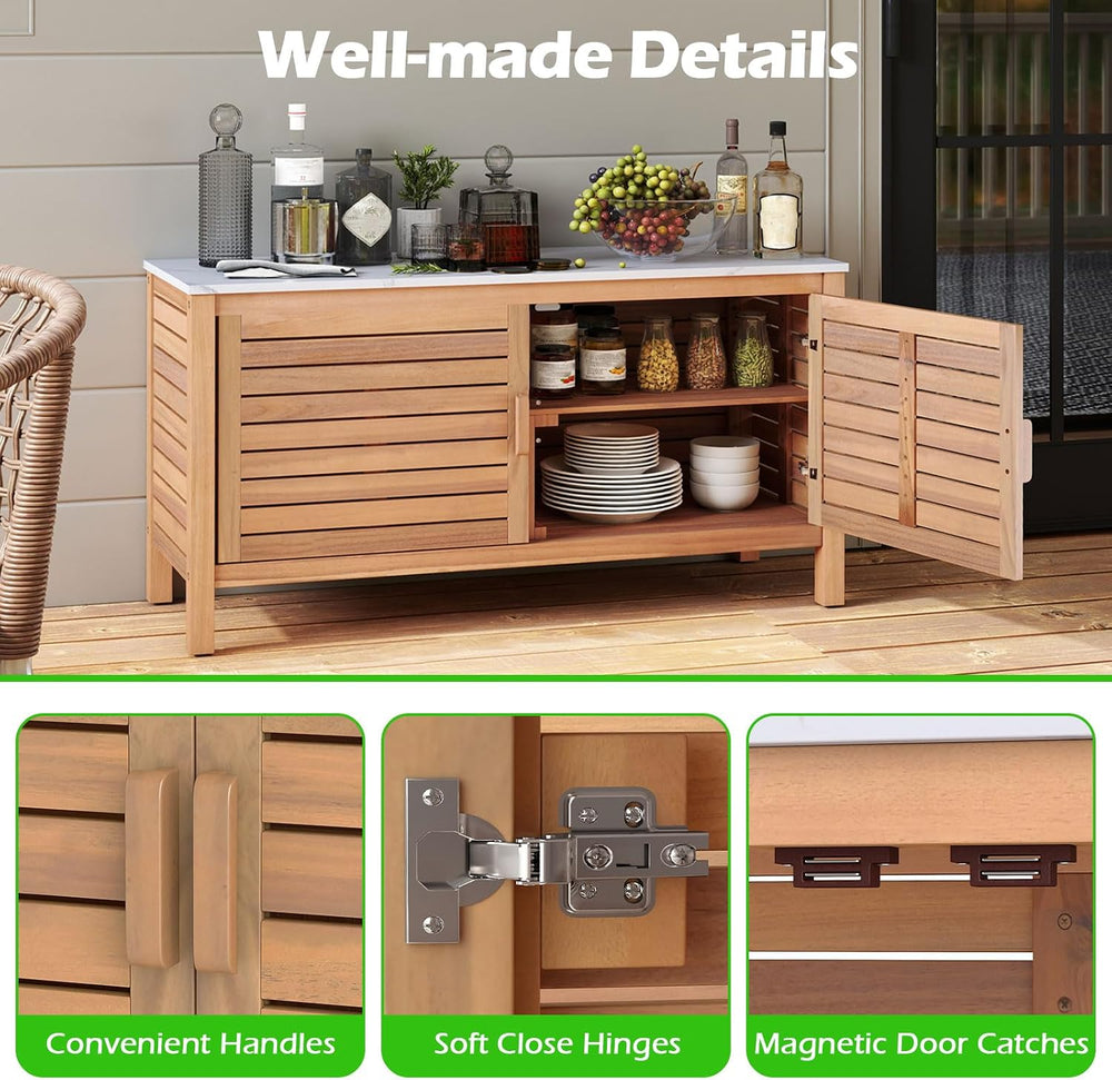 Goplus Patio Storage Cabinet, 2-Door Acacia Wood Console Table with Faux Marb...
