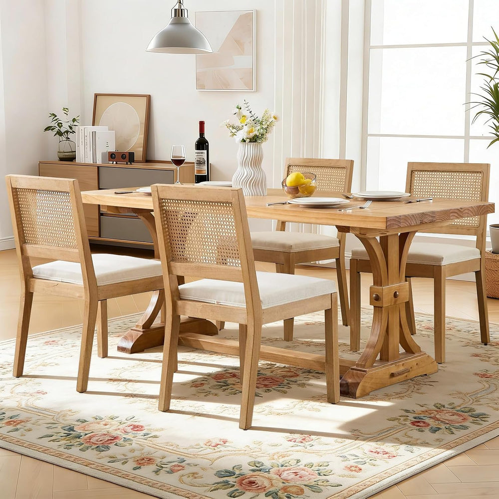 French Country Dining Chairs, Beige Color Rattan, Set of 4