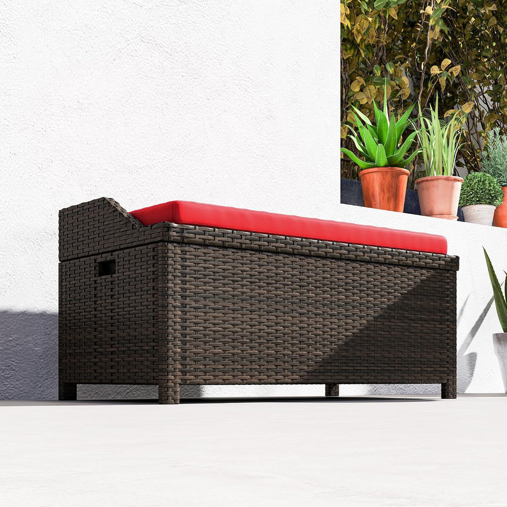 Outsunny 34 Gallon Outdoor Wicker Storage Bench Deck Box Red