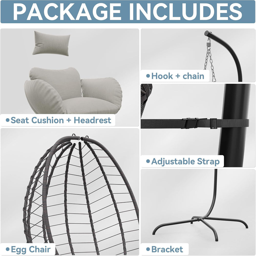Foldable Egg Chair with Stand, 485LBS Capacity Wicker Rattan Hammock Swing Ch...