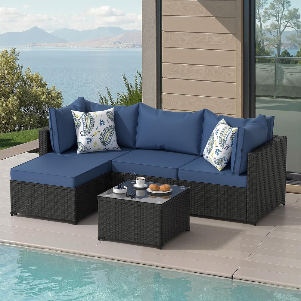 Patio Furniture Set, 5PCS Outdoor Sectional w/ Ottoman & Cushion, Navy Blue