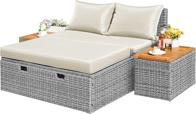 Flamaker Outdoor Rattan Daybed with 2 Side Tables, Multifunctional Wicker Pat...