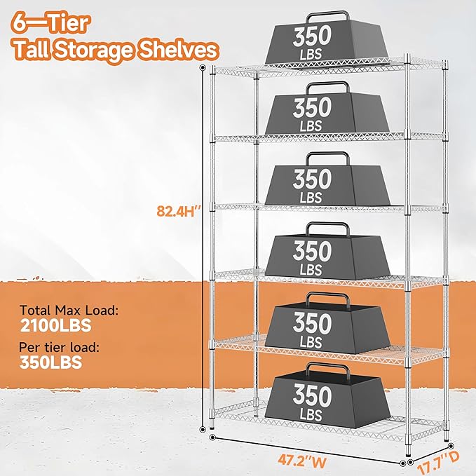 6 Tiers Storage Shelves Load 2100LBS, Metal Shelving Wire Metal Shelving Unit...