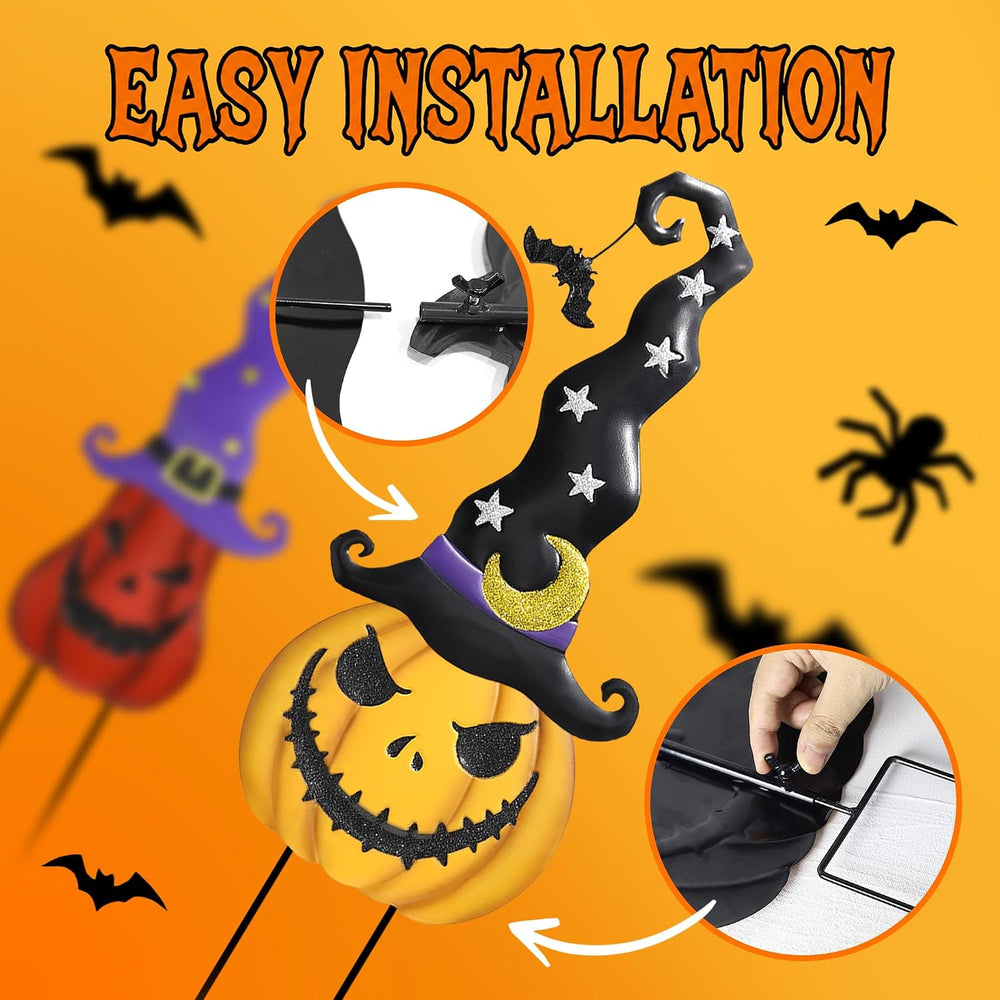 Halloween Garden Stakes - 2 Pack Stacked Metal Pumpkins with Witch Hat