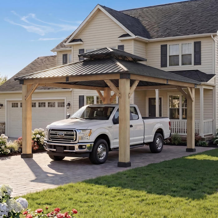 Aoxun 12x14 FT Heavy Duty Cedar Wood Carport, Double Galvanized Steel Roof
