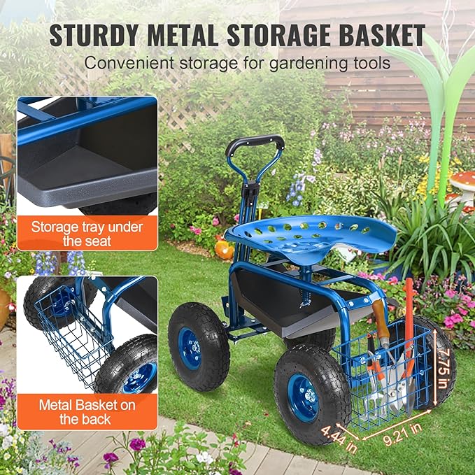 VEVOR Garden Cart Rolling Workseat with Wheels, Gardening Stool for Planting,...