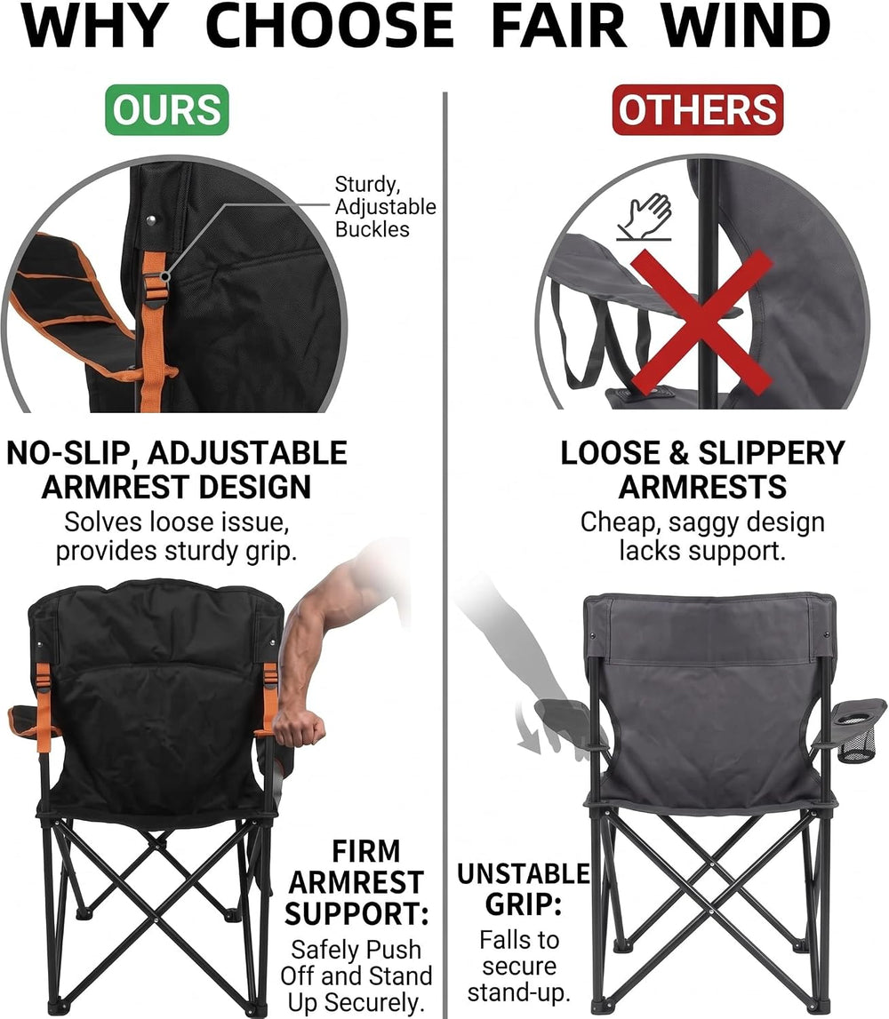 FAIR WIND 2-Pack Padded Oversized Camping Chairs with Lumbar Support