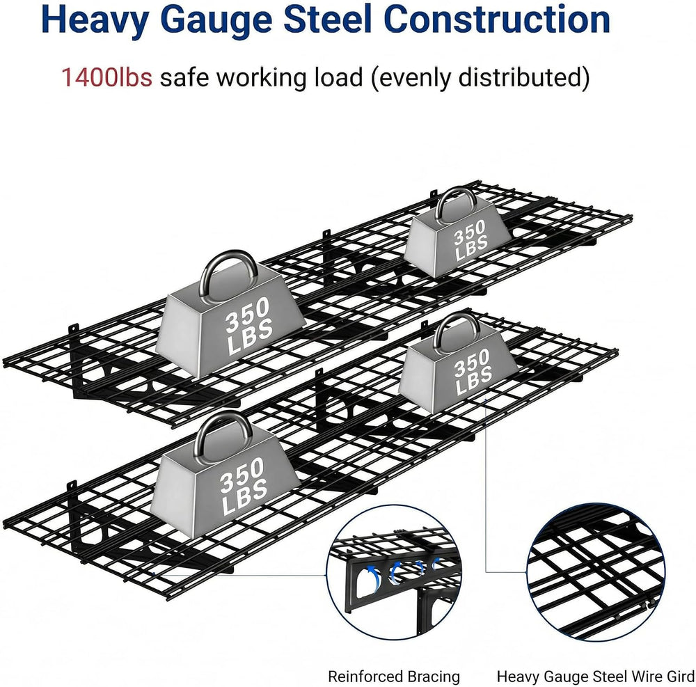 FLEXIMOUNTS 2-Pack 2x6ft Garage Shelving with Hooks, 1400lbs Load, Black