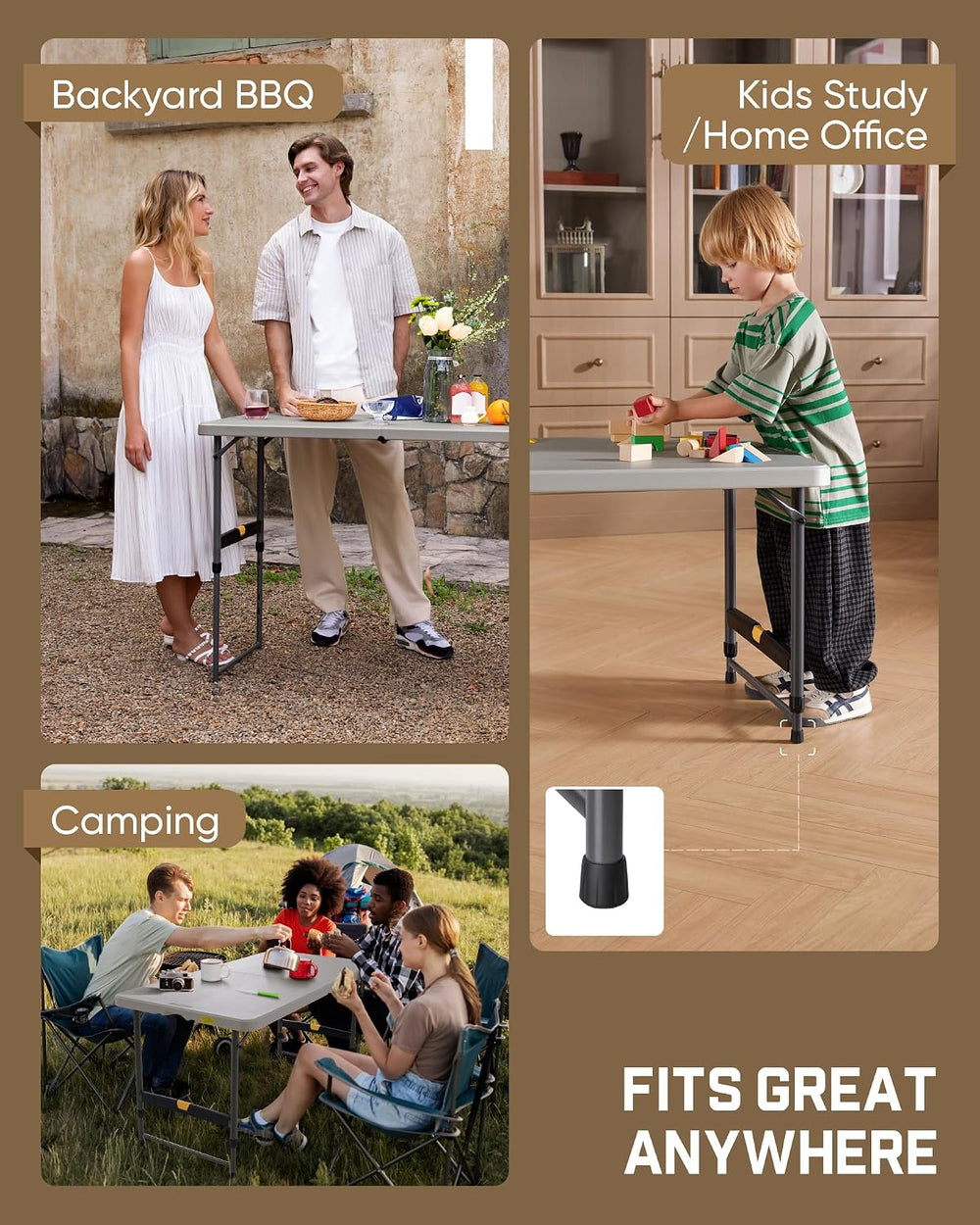 FanttikOutdoor Folding Table 4 Foot Quick Adjust Portable Plastic 4 Heights