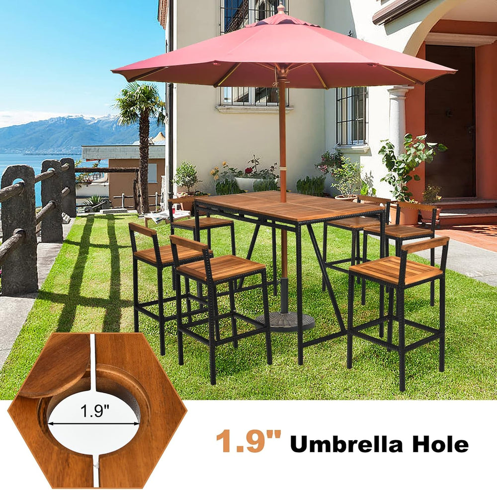 HAPPYGRILL 7 Piece Patio Bar Table Set with Umbrella Hole Acacia Wood High-Di...