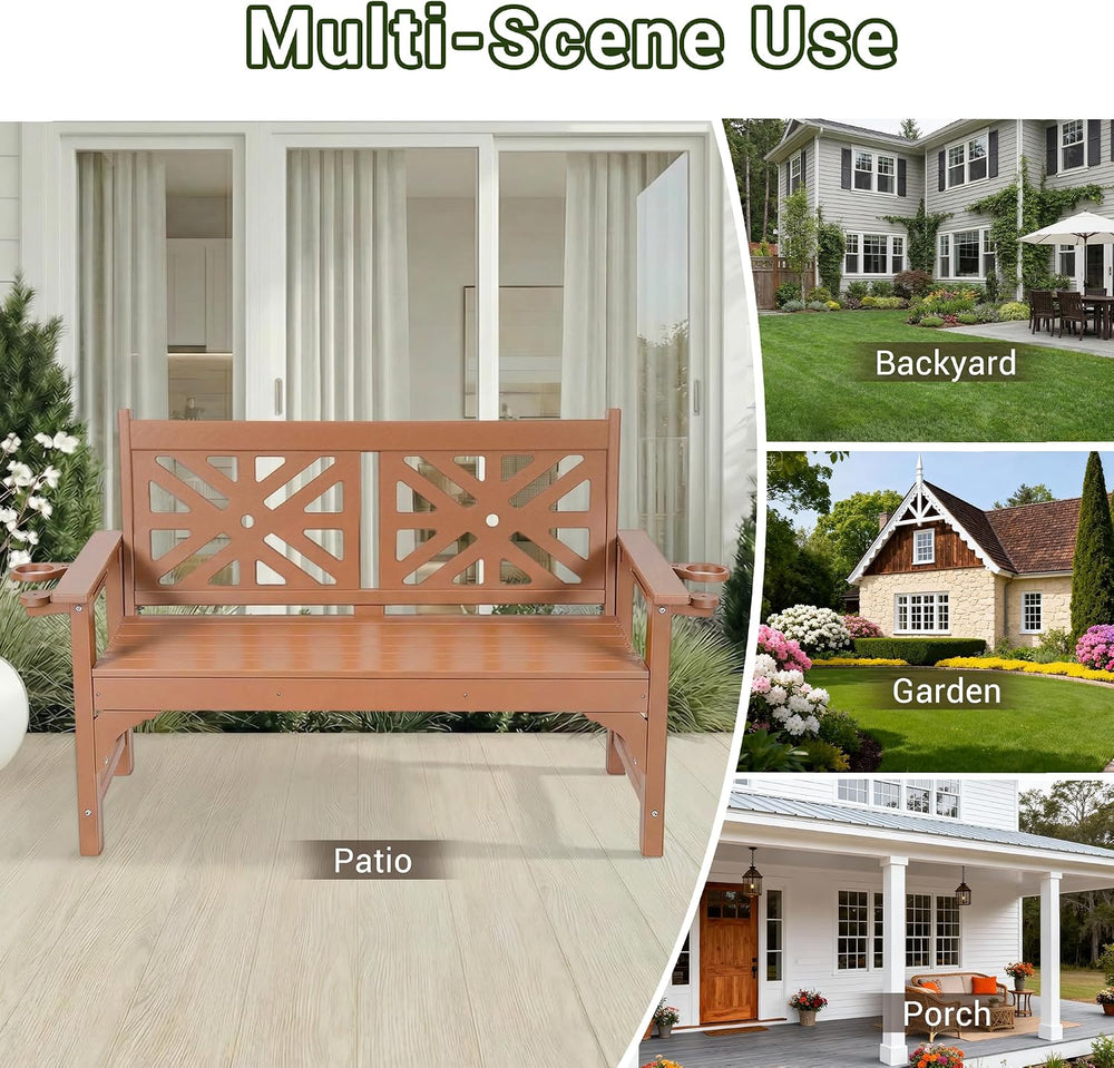 Outdoor Bench with Cup Holders, HDPE All Weather Waterproof 2-Person Garden B...