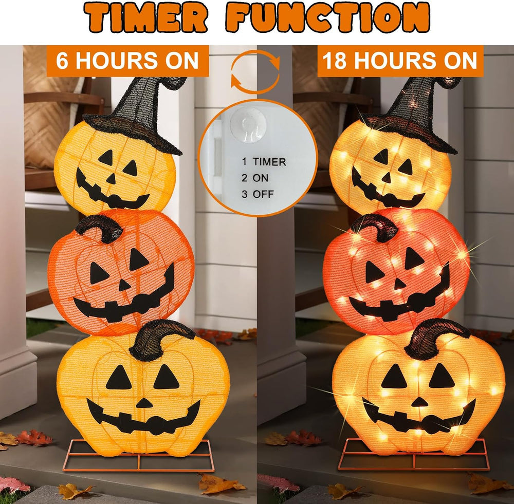 Halloween Lighted 3 Stacked Pumpkins, 39’’ H Pre-Lit Lighted Pumpkins with 50...