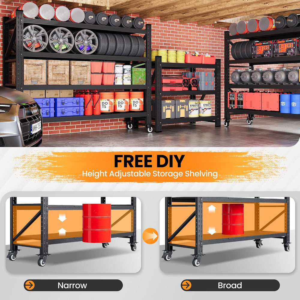 55.1” Wide Heavy Duty Metal Garage Shelving, Steel Shelf with Wheels