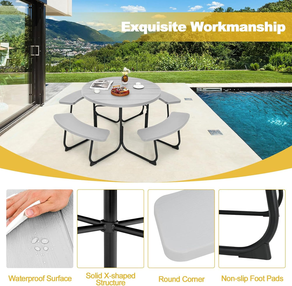 Tangkula 8 Person Round Picnic Table with 4 Built-in Benches, Grey