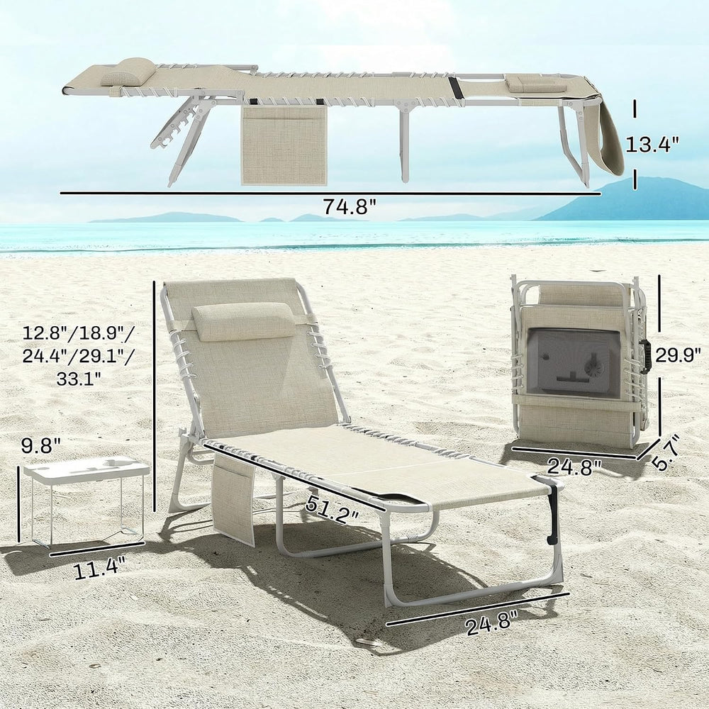 Outsunny 2 Tanning Chairs and 2 Side Tables Set, Oxford Fabric, Beige