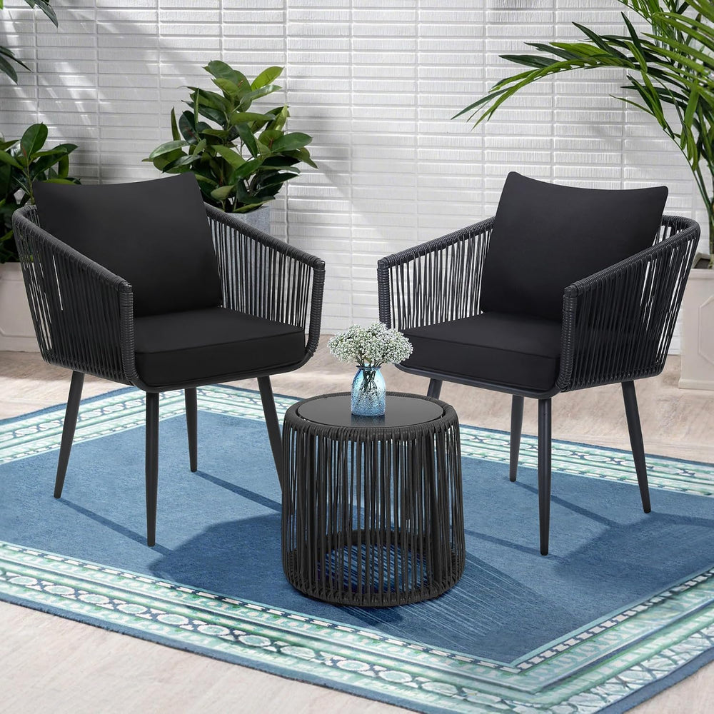 Kromax 3-Piece Patio Rattan Bistro Conversation Set, Black