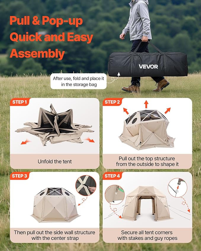 VEVOR Pop up Gazebo Screen Tent, 12 x 12 ft, 13-Sided Spherical Camping Canop...