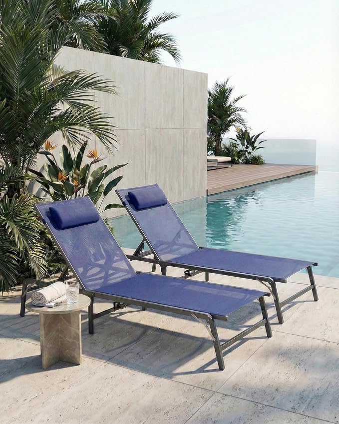 2 Pack Foldable Chaise Lounge Chair with Cup Holder, Assemble-Free Outdoor Lo...