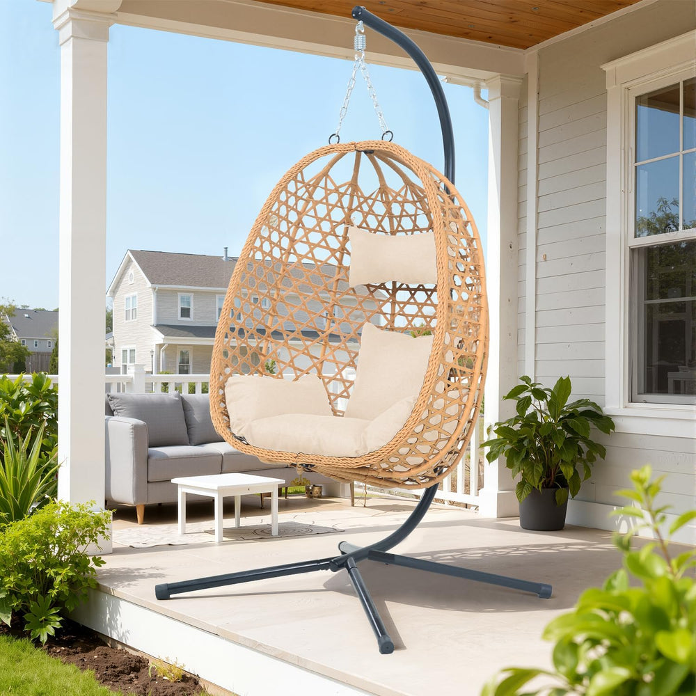 Outdoor Hanging Egg Chair with Stand,Patio Rattan Hammock Chair,Burlywood