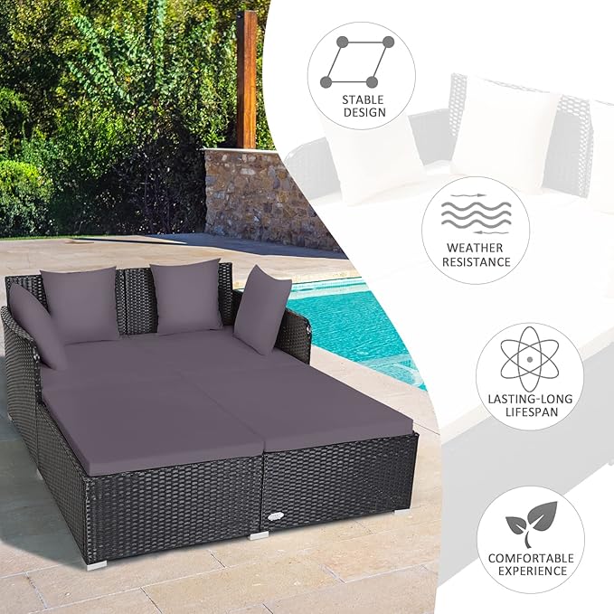 COSTWAY Outdoor Patio Rattan Daybed, Sponge Cushioned Loveseat Sofa with 4 Pi...