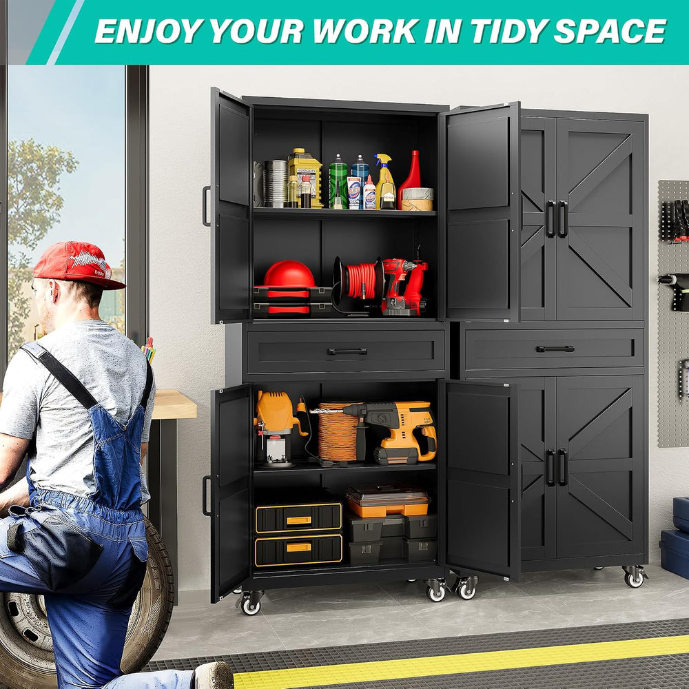 Black Metal Storage Cabinet with Wheels and Drawer,Rolling Garage Cabinet wit...
