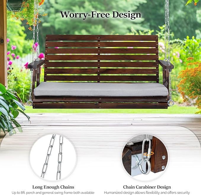 VINGLI Outdoor 4 FT Porch Swing, Heavy Duty 880 LBS Wooden Patio Swings with ...