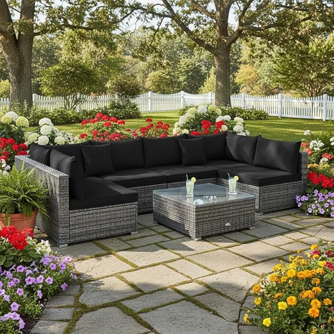 Tangkula 7 Pieces Patio Rattan Furniture Set, Patiojoy Outdoor Conversation S...