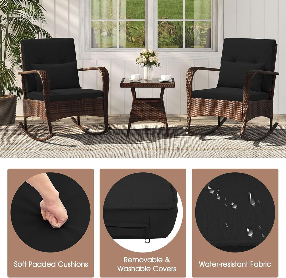 ORALNER 3 Pieces Outdoor Wicker Rocking Chair, Patio Furniture Set (Black)