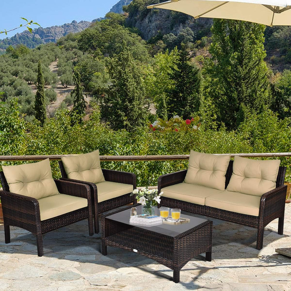 HAPPYGRILL 4-Piece Patio Furniture Outdoor Rattan Wicker Sofa Set with Cushio...